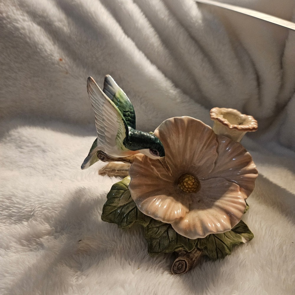 Vintage 1987 Porcelain Hummingbird Figurine Flower Sculpture Decor‎ Candleholder